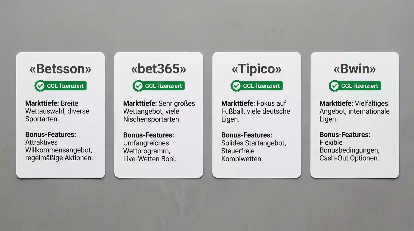 Vier GGL-lizenzierte Floorball-Wettanbieter im Vergleich – Betsson, bet365, Tipico und Bwin mit ihren Kombifunktionen und Lizenzstatus