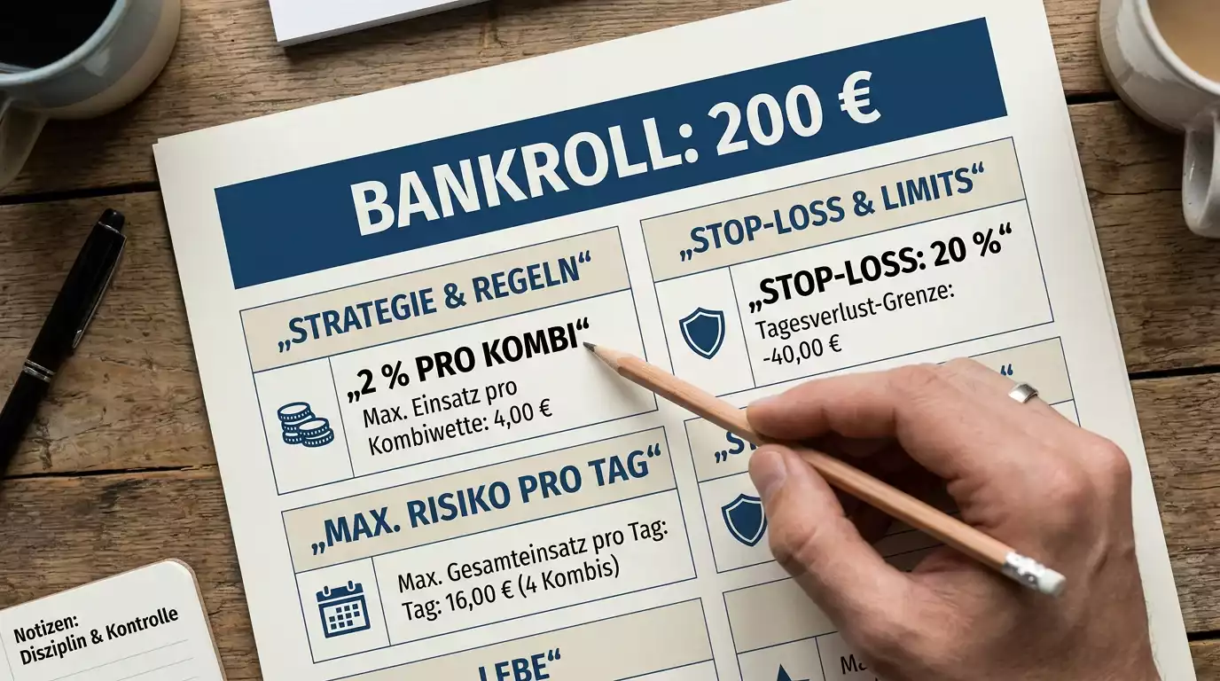 Bankroll-Management-Diagramm für Floorball-Kombiwetten mit Einsatzregel, Verlustpuffer und Staking-Prozentsatz-Darstellung