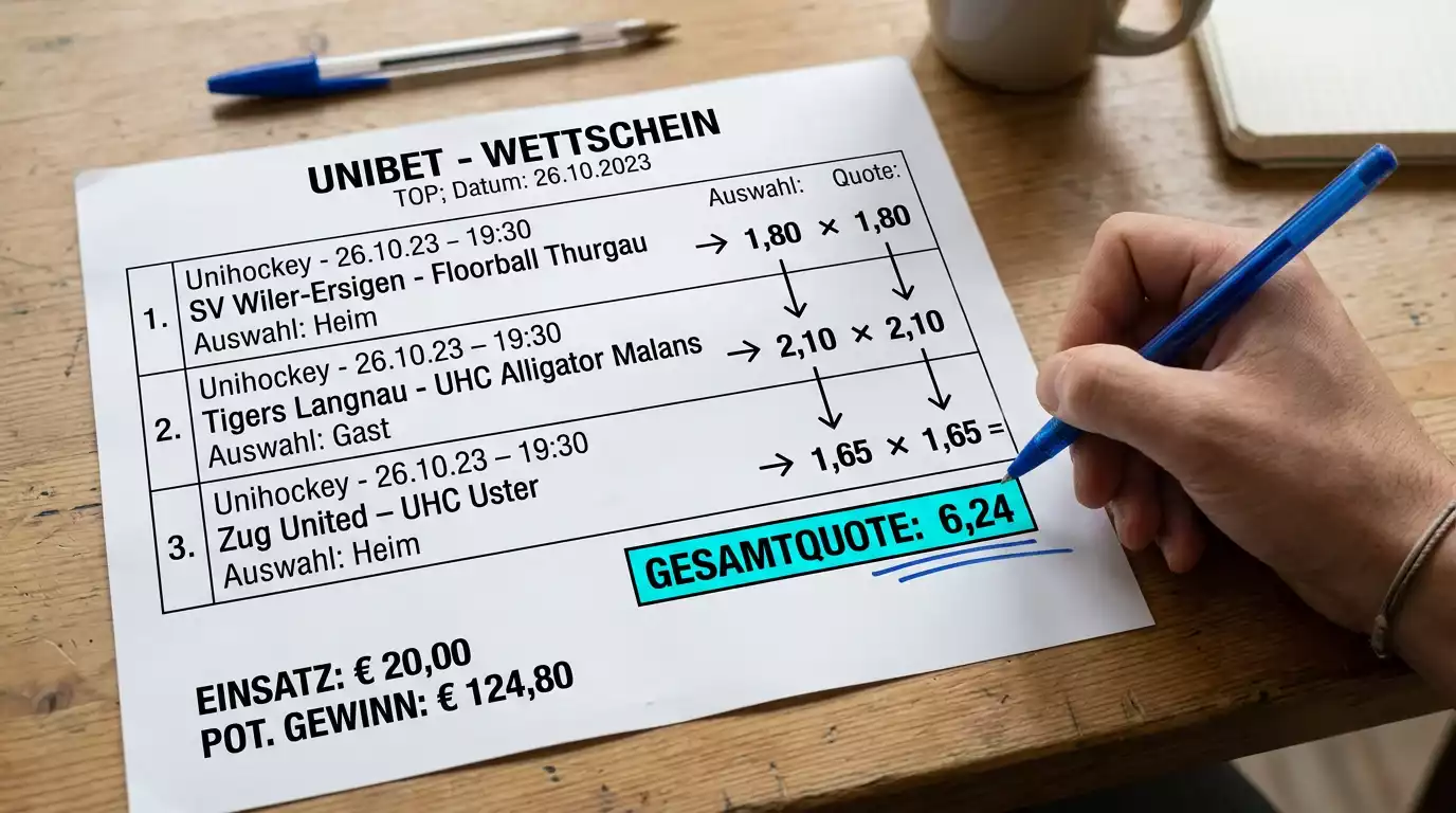 Schematische Darstellung der Quotenmultiplikation bei einer Floorball Kombiwette mit drei Auswahlen und Gesamtquotenberechnung