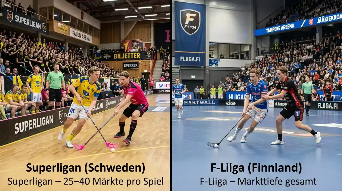 Vergleich der Floorball-Wettmärkte Superligan und F-Liiga mit Markttiefe und typischen Favoritenquoten für Kombischeine
