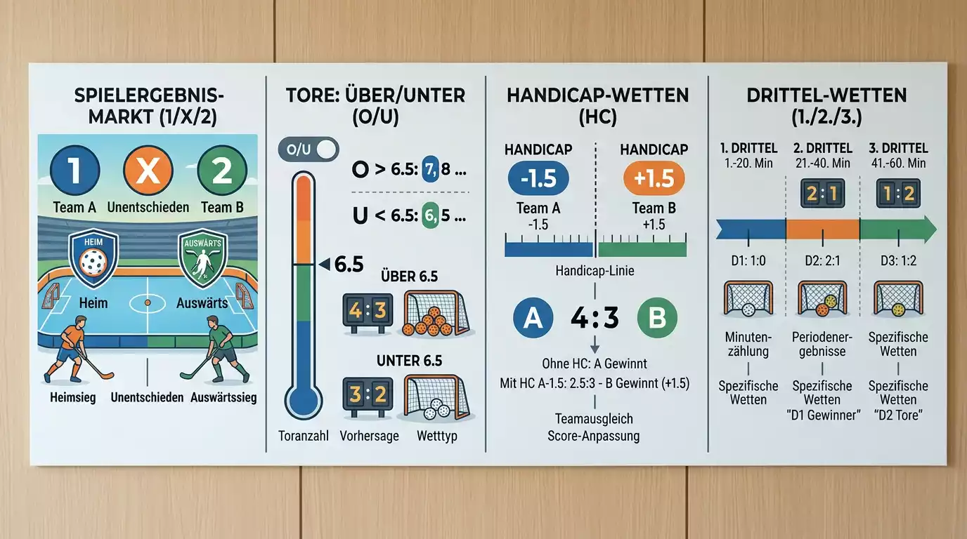 Übersicht der vier wichtigsten Floorball-Wettmärkte – 1X2, Über/Unter, Handicap und Drittelwette – für die Kombination im Wettschein